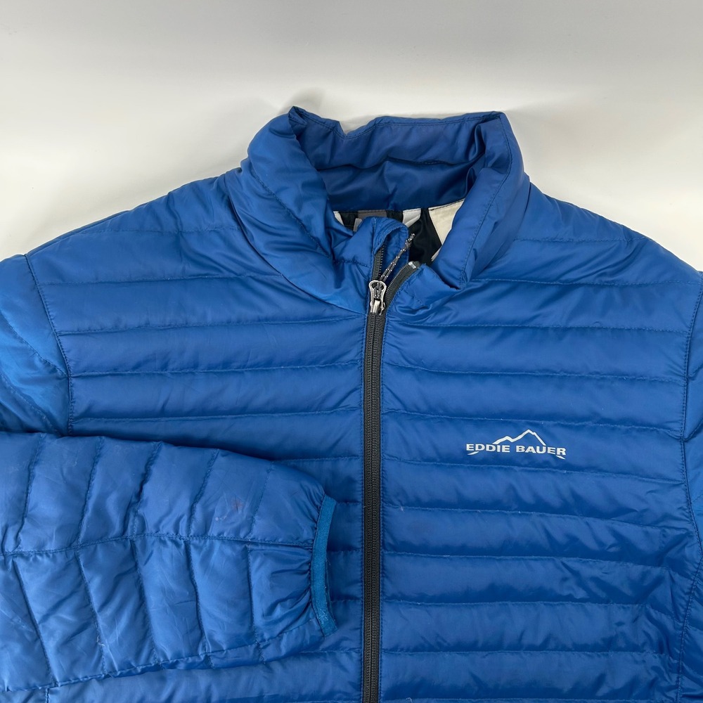 Eddie Bauer Puffer Jacket Mens Medium Blue Down Insulated Quilted Full Zip Coat